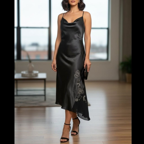 Sophia by Delicates Dresses & Skirts - Vintage 90s Y2K Asymmetrical Midi Dress Midnight Garden Whimsigoth Satin Slip L